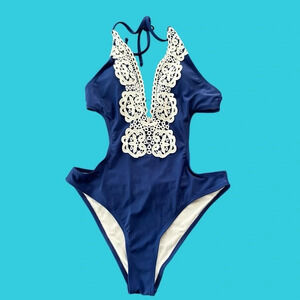 NWT Cupshe Size Small Royal Blue Lace Plunge One Piece Swimsuit Monokini New S
